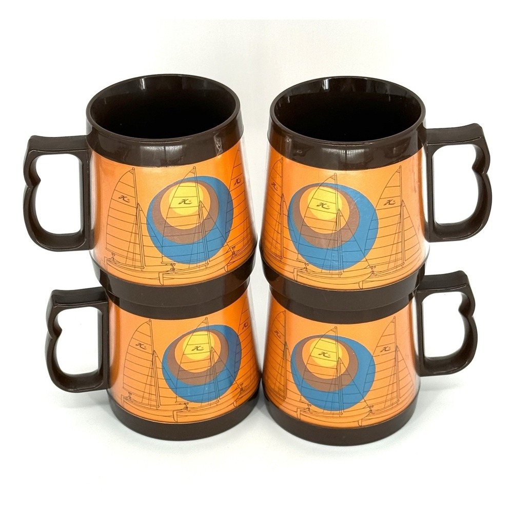 Thermo-Serv Set of 4 Sailing Sailboat Plastic Mugs 1970's Retro Orange USA